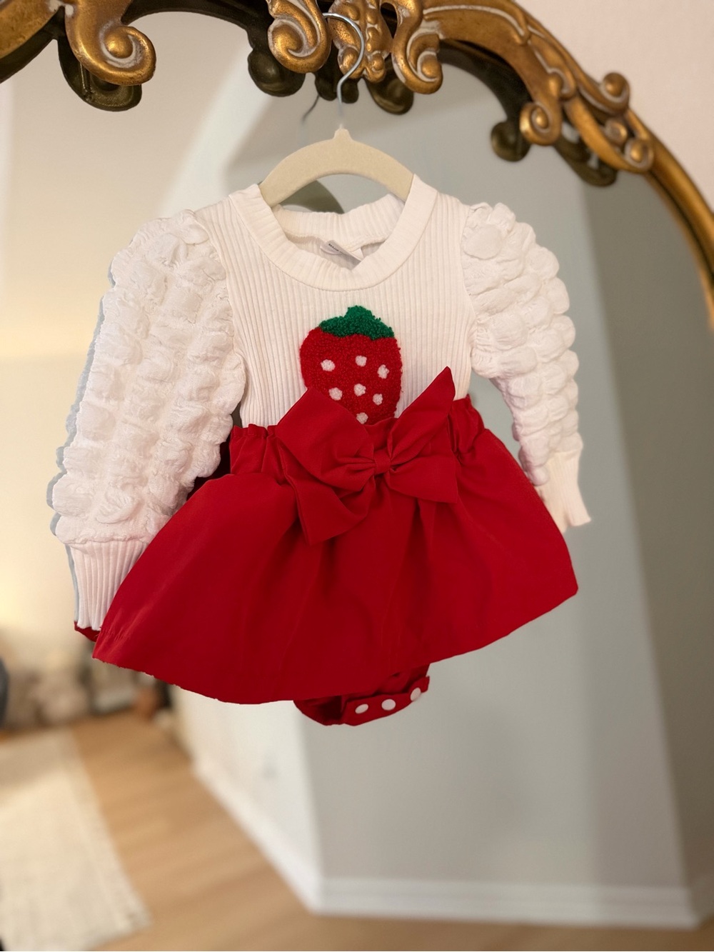 White Knit Strawberry Bodysuit Dress with Red Skirt